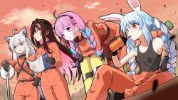 4girls ahoge anchor_hair_ornament animal_ears azki_(hololive) bare_shoulders black_gloves black_tank_top blue_eyes blue_hair blue_hairband blunt_bangs blush braid breasts brown_hair carrot_hair_ornament closed_mouth collared_shirt colored_inner_hair commentary_request crossed_bangs double-parted_bangs drinking drinking_straw dutch_angle fanged_bangs feet_out_of_frame food-themed_hair_ornament fox_ears fox_girl french_braid from_behind gloves grey_hair hair_between_eyes hair_ornament hairband hairclip half_updo hand_on_own_hip hazmat_suit highres holding holding_map hololive jumpsuit jumpsuit_around_waist knee_up leaning_forward leaning_on_object lethal_company light_blush long_hair long_skirt looking_afar looking_ahead low_ponytail map medium_breasts minato_aqua multicolored_hair multiple_girls official_alternate_hair_length official_alternate_hairstyle open_jumpsuit open_mouth orange_eyes orange_jumpsuit outdoors oxygen_tank parted_hair pink_hair purple_eyes purple_hair rabbit_ears road_sign shirakami_fubuki shirt short_ponytail sidelocks sideways_glance sign sitting skirt sky small_breasts smile stop_sign sunset sweat tank_top thick_eyebrows twin_braids twintails two-tone_hair usada_pekora virtual_youtuber white_hair yuto_(dialique) 