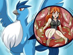  1girl acid articuno bad_end beak bird bird_wings bracelet bulge creatures_(company) cross-section digesting_girl digestion drooling elite_four game_freak gen_1_pokemon glasses helpless high_heels imminent_death inside_creature internal_view jewelry krlitosss legendary_pokemon lorelei_(pokemon) nintendo peril pokemon pokemon_(creature) pokemon_frlg ponytail scared simple_background slippers stomach stomach_bulge vore wings x-ray 