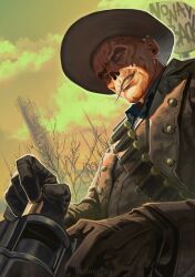  1boy artist_name bandolier black_gloves brown_hat brown_jacket bullet cloud cooper_howard cowboy_hat fallout_(prime_video) fallout_(series) ghoul_(fallout) gloves green_eyes gun hat highres holding holding_bullet holding_gun holding_weapon jacket outdoors reloading solo toothpick upper_body viciousjay weapon 