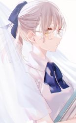 1girl blue_bow bow breasts brown_eyes brown_hair closed_mouth collared_shirt commentary_request curtains hair_bow highres looking_away misumi_(macaroni) original ponytail profile shirt short_sleeves simple_background small_breasts solo transparent upper_body white_background white_shirt  rating:Sensitive score:5 user:danbooru