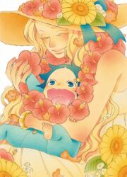  1boy 1girl aged_down baby blonde_hair blue_eyes blue_hair bracelet closed_eyes colored_eyelashes commentary_request daisy dress flower freckles hat hat_flower hibiscus jewelry long_hair lowres mamhack69 mother_and_son one_piece open_mouth portgas_d._ace portgas_d._rouge smile 