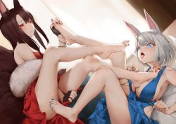 2girls akagi_(azur_lane) akagi_(ruby-laced_beauty)_(azur_lane) animal_ear_fluff animal_ears azur_lane bare_legs barefoot black_gloves black_hair blue_dress blue_eyes blue_nails breasts chinese_commentary commentary_request dress eyes_visible_through_hair feet fingerless_gloves fox_ears fox_tail gloves highres holding_another&#039;s_foot incest kaga_(azur_lane) kaga_(exalted_white_wings)_(azur_lane) kitsune large_breasts legs long_hair looking_at_another lying multiple_girls multiple_tails nail_polish official_alternate_costume on_back open_mouth oshin0_(zheng) red_dress red_eyes red_nails saliva saliva_trail siblings silver_hair sisters sitting sleeveless sleeveless_dress tail toenail_polish toenails toes tongue tongue_out wristband yuri rating:Sensitive score:191 user:danbooru