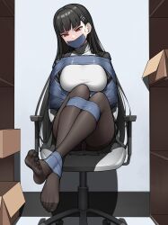 1girl bad_link black_hair black_pantyhose black_skirt blue_archive bound bound_arms box breasts chair gag gagged gbeeee improvised_gag indoors long_hair no_shoes office_chair paid_reward pantyhose red_eyes rio_(blue_archive) serious sitting skirt solo sweat swivel_chair tape tape_bondage tape_gag third-party_source tied_to_chair 