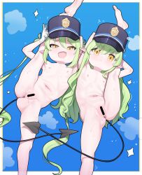  2girls :d absurdres bar_censor black_hat blue_archive blue_background blue_borscht censored commentary demon_tail english_commentary flat_chest gloves green_hair hat hikari_(blue_archive) nozomi_(blue_archive) highres loli long_hair looking_at_viewer multiple_girls nude open_mouth pointy_ears pussy smile split standing standing_on_one_leg standing_split tail twintails v white_gloves yellow_eyes  rating:Explicit score:115 user:danbooru