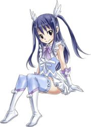 1girl black_eyes blue_hair blue_thighhighs boots fairy_tail full_body long_hair looking_at_viewer mashima_hiro official_art simple_background smile solo thighhighs wendy_marvell white_background white_footwear zettai_ryouiki rating:Sensitive score:25 user:danbooru