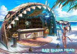 1boy 1girl absurdres alcohol animal apple arms_up bar_(place) barrel bartender beach bikini bird blue_sky bottle branch brown_hair carpet cat_girl cocktail_shaker commentary counter dated day drawing_(object) english_text facial_hair fish food formal fruit fruit_basket hammerhead_shark hanging_food highres holding holding_animal holding_fish lantern long_hair menu_board mountainous_horizon mustache octopus orange_(fruit) original outdoors pineapple ponytail rope scenery seagull shade shadow shelf shell sign signature sky stool suit swimsuit whale wine_bottle wooden_floor yellow_neckwear yuanmaru