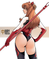 1girl adapted_costume alternate_breast_size artist_name ass bare_shoulders breasts brown_hair curvy evangelion:_3.0_you_can_(not)_redo from_behind gloves hand_on_own_hip highleg highleg_leotard iury_padilha lance_of_cassius large_breasts leotard long_hair looking_to_the_side multicolored_leotard neon_genesis_evangelion plugsuit polearm rebuild_of_evangelion red_leotard revealing_clothes simple_background solo souryuu_asuka_langley standing thighhighs thong_leotard twintails upper_body very_long_hair weapon rating:Sensitive score:83 user:fakyuh