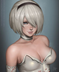 1girl bare_shoulders blue_background blue_eyes breasts choker cleavage closed_mouth commentary dated deviantart_username elbow_gloves gloves hair_over_one_eye hairband highres large_breasts leotard lips looking_at_viewer mole mole_under_mouth nier_(series) nier:automata one_eye_covered patreon_username pink_lips realistic sciamano240 signature smile solo white_choker white_leotard 2b_(nier:automata) rating:Sensitive score:87 user:danbooru