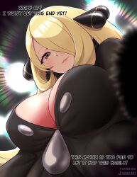  1girl absurdres black_shirt blonde_hair blurry breasts cleavage closed_mouth creatures_(company) cynthia_(pokemon) depth_of_field english_text from_below fur_collar game_freak grey_eyes hair_ornament hair_over_one_eye highres kaos_art large_breasts lens_flare lights lips long_hair looking_at_viewer looking_down nintendo pokemon pokemon_dppt pov shirt solo 