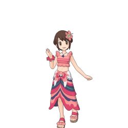 1girl alternate_color alternate_costume brown_hair creatures_(company) feet flower flower_on_head game_freak gloria_(pokemon) gloria_(summer_2021)_(pokemon) hibiscus jewelry midriff navel necklace nintendo official_alternate_color official_alternate_costume official_alternate_hairstyle official_art open_mouth pokemon pokemon_masters_ex posing_for_the_viewer sandals short_hair smile toes