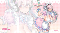  1girl apron bow breasts cleavage cowboy_shot happy_valentine headphones highres holding holding_tray huge_breasts looking_at_viewer maid_apron maid_headdress nail_polish nitroplus official_art official_wallpaper parfait pink_hair sideboob smile super_sonico thighhighs tray tsuji_santa valentine wrist_cuffs zettai_ryouiki 