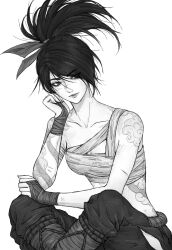  1girl akali arm_tattoo artelsia bandages breasts chest_sarashi cleavage closed_mouth collarbone commentary dragon_tattoo elbow_rest greyscale hair_ribbon high_ponytail highres league_of_legends lips monochrome no_shirt pants ribbon sarashi shoulder_tattoo single_bare_shoulder sitting small_breasts solo tattoo 