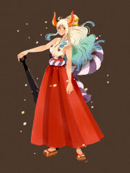  ahoge blue_hair brown_background club club_(weapon) commentary earrings floating_hair full_body geta green_hair hair_ornament highres holding holding_weapon horns japanese_clothes jewelry kanabou kimono looking_to_the_side multicolored_hair one_piece ponytail risasfanart rope shimenawa sidelocks simple_background sleeveless sleeveless_kimono smile weapon white_kimono yamato_(one_piece) 