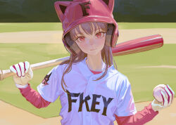 1girl ball baseball baseball_bat baseball_field baseball_helmet baseball_uniform brown_hair buttons closed_mouth day fkey gloves grass helmet highres holding holding_ball holding_baseball_bat long_hair long_sleeves looking_at_viewer original outdoors red_eyes shirt solo sportswear upper_body white_gloves white_shirt 