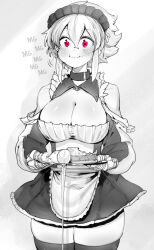  1girl absurdres apron ascot bandaged_hand bandages bare_shoulders bite_mark black_choker breasts chewing choker cleavage collarbone cup dress drinking_glass drooling eating food frilled_dress frills greyscale highres holding holding_tray large_breasts light_blush light_rays long_bangs maid maid_apron maid_headdress mg_mg monochrome niwarhythm original pink_eyes puffy_cheeks raised_eyebrows revealing_clothes saliva shiny_skin short_hair skirt solo sound_effects spilling spot_color thick_thighs thighs torn_clothes torn_sleeves tray unconventional_maid white_background white_hair wine_glass 