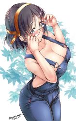  1girl 2018 adjusting_eyewear alternate_costume ayano_naoto bare_shoulders black_hair blue_background blue_eyes blush breasts cleavage collarbone dated denim floral_background from_above glasses highres kantai_collection kirishima_(kancolle) kirishima_kai_ni_(kancolle) large_breasts lips looking_at_viewer naked_overalls overalls short_hair smile solo twitter_username white_background  rating:Questionable score:36 user:danbooru