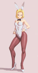  1girl alternate_costume android_18 animal_ears bare_shoulders blonde_hair blue_eyes bow bowtie breasts cleavage commentary covered_navel curvy detached_collar dragon_ball dragonball_z fake_animal_ears fujii_eishun full_body high_heels highleg highleg_leotard highres jewelry leotard medium_breasts pantyhose playboy_bunny rabbit_ears shiny_skin short_hair solo standing strapless strapless_leotard thighs white_leotard wide_hips wrist_cuffs  rating:Sensitive score:65 user:danbooru
