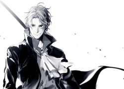  1boy ascot closed_mouth coat collared_coat high_collar long_sleeves looking_at_viewer male_focus monochrome niro one_piece open_clothes open_coat sabo_(one_piece) scar short_hair simple_background solo 