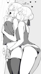  2girls absurdres against_wall ahoge artoria_pendragon_(all) artoria_pendragon_(fate) ass bare_legs blush breasts butt_crack fate/grand_order fate_(series) fingering greyscale hair_bun hand_in_another&#039;s_panties hand_on_another&#039;s_chin highres jeanne_d&#039;arc_alter_(fate) kiss kissing_neck large_breasts monochrome multiple_girls open_mouth panties saber_alter sally_(luna-arts) single_hair_bun small_breasts spot_color tank_top teeth thighhighs thighs trembling underwear upper_teeth_only yuri 