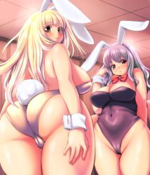  2girls animal_ears ass blonde_hair blush bow bowtie breasts brown_eyes cameltoe cleavage grey_hair highres huge_ass image_sample kokumotsu large_breasts long_hair looking_at_viewer multiple_girls pixiv_sample plump rabbit_ears resized sideboob skindentation smile standing thick_thighs thighs wedgie wide_hips  rating:Questionable score:83 user:nyamin