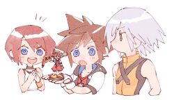  1girl 2boys amiibo bare_shoulders black_choker black_shirt blue_eyes brown_hair camisole chain_necklace chibi choker commentary cropped_torso figure fingerless_gloves gloves grey_hair hair_between_eyes in_palm jacket jewelry kairi_(kingdom_hearts) keyblade kingdom_hearts kingdom_key light_blush looking_at_another multiple_boys necklace nitoya_00630a open_mouth own_hands_together red_hair riku_(kingdom_hearts) shirt shirt_under_shirt short_hair short_sleeves smile sora_(kingdom_hearts) spiked_hair vest white_background white_camisole white_gloves white_jacket yellow_vest yellow_wristband 