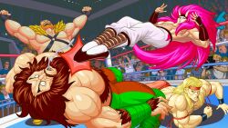  abs absurdres aleksey_zalazof angry angusburgers armband bandana battle beard body_fur boots capcom commentary crowd duel english_commentary facial_hair fake_screenshot flying_kick gameplay_mechanics hara_tetsuo_(style) highres horns japanese_clothes kicking missing_iq_gomes multiple_boys muscular muscular_male mysterious_budo oni_horns saliva saturday_night_slam_masters sheep_the_royal uniform video_game wrestler wrestling wrestling_outfit wrestling_ring 