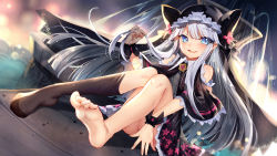 1girl :d animal_ears ass bare_legs barefoot bison_cangshu black_capelet black_skirt blouse blue_eyes blurry blurry_background blush brown_socks capelet center_frills copyright_request depth_of_field dutch_angle fang feet fingernails floral_print flower fountain frills game_cg grey_shirt hair_between_eyes hand_up heart heart-shaped_pupils highres kneehighs kneehighs_pull long_hair no_shoes open_mouth pink_flower playing_with_own_hair print_skirt shirt silver_hair single_kneehigh single_sock sitting skirt smile socks soles solo symbol-shaped_pupils toenails toes veil very_long_hair water wrist_cuffs rating:Sensitive score:7 user:danbooru