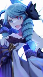 1girl :d black_bow black_dress bow dress drill_hair glove_bow gloves green_eyes green_hair grey_dress gwen_(league_of_legends) hair_bow highres league_of_legends looking_at_viewer open_mouth purple_gloves scissors simple_background smile solo strapless strapless_dress twin_drills twintails white_background xx_or_xx rating:Sensitive score:1 user:danbooru