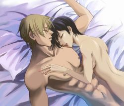  1boy 1girl abs ada_wong aftersex bed black_hair blonde_hair capcom couple closed_eyes happy hetero leon_s._kennedy lipstick makeup nail_polish nude pillow resident_evil serious short_hair sleeping smile  rating:Questionable score:52 user:spiderfan