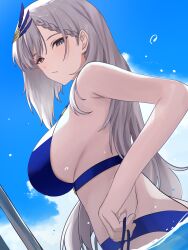  1girl absurdres bikini blue_sky breasts cloud cloudy_sky commentary day dutch_angle from_behind grey_eyes grey_hair hair_ornament highres hololive hololive_indonesia large_breasts long_hair looking_at_viewer looking_back outdoors pavolia_reine si_farid sideboob sky solo swimsuit virtual_youtuber 
