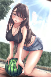  1girl bare_shoulders black_tank_top blurry breasts brown_hair cleavage crop_top cutoffs day denim denim_shorts depth_of_field dutch_angle food fruit funky45 hedge highres holding holding_food holding_fruit long_hair midriff navel one_eye_closed open_mouth original outdoors shiny_skin short_shorts shorts sleeveless solo speech_bubble sunlight sweat tank_top watermelon  rating:Sensitive score:11 user:danbooru