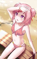  1girl absurdres arm_at_side armpits artist_name bangs beach bench bikini blurry blush bob_cut bokeh bow bow_bikini bracelet breasts broly_matsumoto cleavage collarbone commentary depth_of_field doki_doki_literature_club from_above gluteal_fold hair_ornament hair_ribbon hair_strand hand_to_own_face hand_up highres jewelry looking_afar looking_up natsuki_(doki_doki_literature_club) on_bed open_mouth parted_lips pink_hair purple_eyes red_ribbon ribbon sand shaded_face shading_eyes short_hair signature sitting small_breasts solo swept_bangs swimsuit two_side_up x_hair_ornament 