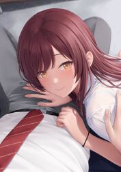 1boy 1girl blush bracelet caress closed_mouth commentary_request couch crotch_grab from_above hand_on_another&#039;s_crotch hand_on_another&#039;s_shoulder hetero highres idolmaster idolmaster_shiny_colors indoors jewelry long_hair looking_at_viewer mikazuchi_zeus necktie on_couch osaki_amana pov pov_hands red_hair red_necktie school_uniform shirt short_sleeves sitting smile solo_focus straight_hair swept_bangs very_long_hair white_shirt yellow_eyes rating:Sensitive score:25 user:danbooru