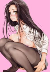  1girl black_hair black_thighhighs blush breast_press breasts brown_eyes cleavage comic_hotmilk feet ishikei large_breasts lips looking_at_viewer open_clothes open_shirt original parted_bangs pleated_skirt shirt skirt solo squatting sweat thighhighs  rating:Questionable score:120 user:danbooru