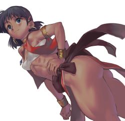  1girl abs ass bandeau bob_cut dark-skinned_female dark_skin earrings female_focus fushigi_no_umi_no_nadia hand_on_own_hip highres jewelry looking_to_the_side muscular muscular_female nadia_la_arwall neck_ring pelvic_curtain satou_toshiyuki short_hair simple_background solo thighs toned white_background  rating:Questionable score:47 user:Lapatos