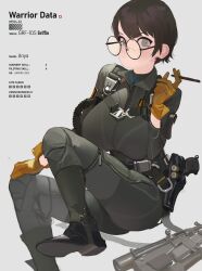  1girl absurdres anya_(wibber_rose) battletech belt black_footwear buckle english_text gameplay_mechanics glasses gloves grey_background grey_eyes gun handgun highres holster polilla scar scar_on_face scar_on_nose simple_background solo tabletop_rpg weapon yellow_gloves zipper 