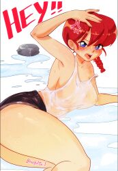  anger_vein blissfultail blue_eyes blush braid breasts english_text genderswap genderswap_(mtf) nipples no_bra open_mouth ranma-chan ranma_1/2 red_hair saotome_ranma see-through shiny_skin shorts single_braid solo thighs wet wet_clothes 