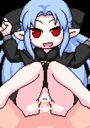  1boy 1girl aftersex akai_(ugokashitari) animal_ears animated animated_gif bar_censor black_bow black_capelet black_dress blue_hair blush blush_stickers bottomless bow capelet cat_ears censored clitoris clothed_female_nude_male commentary_request cum cum_in_pussy cum_overflow cum_pool cumdrip dress drooling ejaculation empty_eyes fur-trimmed_capelet fur_trim hair_bow hetero len_(tsukihime) loli long_hair long_sleeves looking_at_viewer lying navel no_panties nose_blush nude on_back open_mouth penis pixel_art pointy_ears pov pov_crotch pussy red_eyes saliva sex simple_background solo_focus spread_legs torso_grab transparent_background trembling tsukihime vaginal  rating:Explicit score:658 user:danbooru