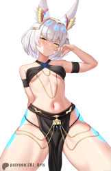  1girl alternate_costume animal_ears bare_shoulders blush breasts cat_ears chest_jewel criss-cross_halter facial_mark grey_hair halterneck highres jewelry looking_at_viewer meme_attire navel nia_(xenoblade) pelvic_curtain short_hair simple_background skindentation small_breasts smile smug solo stomach thighs underboob xenoblade_chronicles_(series) xenoblade_chronicles_3 yellow_eyes yomorio_lingerie z-ki 