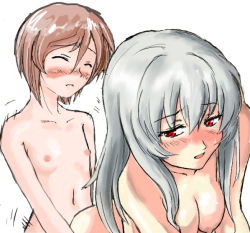  00s 2girls breasts closed_eyes female_focus flat_chest groin implied_futanari long_hair multiple_girls navel nipples nude red_eyes rozen_maiden short_hair silver_hair simple_background souseiseki suigintou sweat white_background yuri  rating:Explicit score:14 user:TIMAD867