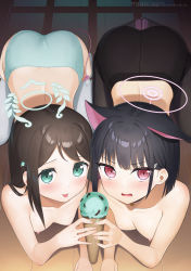  2girls airi_(blue_archive) all_fours animal_ears apollo_(hu_maple) black_hair blue_archive blush brown_hair cat_ears dildo_under_clothes female_focus green_eyes halo highres kazusa_(blue_archive) loli looking_at_viewer multiple_girls nipples panties pantyhose phallic_symbol pointy_breasts red_eyes sex_toy sexually_suggestive thighhighs underwear underwear_only vibrator vibrator_in_thighhighs vibrator_under_clothes vibrator_under_panties white_thighhighs  rating:Questionable score:165 user:danbooru