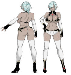 1girl abs ass boots breasts character_sheet concept_art curvy dark_elf dark_skin detached_sleeves elf g-string garter_belt gloves green_eyes hair_over_one_eye hand_on_own_hip high_heel_boots high_heels jewelry large_breasts loincloth midriff multiple_views navel necklace one_eye_covered panties pointy_ears revealing_clothes short_hair simple_background sketch smirk smug standing string_panties thick_thighs thighhighs thighs thong underwear usagi_nagomu white_background white_thighhighs rating:Questionable score:45 user:cheezeit