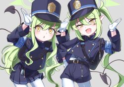  2girls :d belt black_belt blue_archive blue_jacket blue_shorts blue_skirt blush buttons commentary curly_hair demon_girl demon_tail double-breasted fang gloves green_hair green_halo hair_between_eyes half-closed_eyes halo hand_on_own_hip hand_up hands_up hat highres hikari_(blue_archive) jacket keshikasu9 leaning_forward leaning_to_the_side long_hair miniskirt multiple_girls nozomi_(blue_archive) open_mouth pantyhose pleated_skirt shirt short_shorts shorts siblings sisters skirt smile staring tail twins twintails very_long_hair white_gloves white_shirt yellow_eyes 