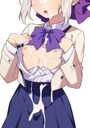  1girl blue_skirt blush bow breasts commission cum cum_on_body cum_on_breasts cum_on_clothes cum_on_upper_body facial female_focus hair_bow head_out_of_frame hetero highres kanojo_mo_kanojo kiryuu_shino long_sleeves morisobo nipples open_clothes open_mouth open_shirt purple_bow school_uniform shirt simple_background skeb_commission skirt small_breasts solo standing vest white_background white_shirt yellow_vest  rating:Explicit score:356 user:danbooru