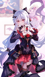  1girl absurdres artist_name bare_shoulders bat_hair_ornament black_bow black_dress black_thighhighs blush bow chinese_commentary chinese_text closed_mouth commentary_request detached_sleeves dress earrings flower frilled_dress frills hair_between_eyes hair_bow hair_ornament heart heart_hands highres honkai_(series) honkai_impact_3rd jewelry long_hair long_sleeves looking_at_viewer nail_polish navel picture_frame red_eyes red_flower red_rose rose single_thighhigh smile solo theresa_apocalypse theresa_apocalypse_(luna_kindred) theresa_apocalypse_(lunar_vow:_crimson_love) thighhighs twintails watermark white_background white_hair white_paper_is_not_paper 