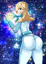  1girl aqua_eyes ascot ass belt blonde_hair bodysuit breasts earrings female_focus from_behind gloves hair_over_one_eye highres jewelry lipstick long_hair looking_at_viewer looking_back makeup mario_(series) mario_kart mario_kart_wii nintendo parted_lips rosalina sideboob skin_tight solo super_mario_bros._1 super_mario_galaxy super_star tieck  rating:Questionable score:34 user:armorcrystal