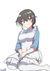 1girl absurdres apron black_hair blue_sweater frilled_apron frills hair_flaps highres jingei_(kancolle) kantai_collection low_ponytail one-hour_drawing_challenge pants red_hair robinson_(day_l_full) simple_background sitting smile solo sweater v_arms wariza white_apron white_background white_pants 