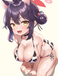  1girl :d absurdres ahoge alternate_costume animal_ears animal_print ass bikini black_choker blue_archive blush breasts brown_hair bursting_ass bursting_breasts butt_crack choker cow_print cow_print_bikini fang flower hair_bun hair_flower hair_ornament halo highres kaede_(blue_archive) large_breasts looking_at_viewer open_mouth oppai_loli print_bikini side-tie_bikini_bottom sideboob skin_fang skindentation smile solo sonao swimsuit thighs tight_clothes undersized_clothes yellow_eyes 