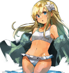  1girl bare_shoulders bikini blonde_hair blue_eyes breasts flower frilled_bikini frills grey_jacket hair_between_eyes hair_flower hair_ornament highres jacket kantai_collection long_hair looking_at_viewer off_shoulder open_clothes open_jacket parted_lips simple_background small_breasts solo sunday_aki swimsuit u-511_(kancolle) very_long_hair water white_background white_bikini white_flower 