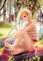 1girl aiba_yumi backlighting bare_legs bare_shoulders barefoot blonde_hair blouse blurry blush brown_eyes brown_shirt casino_(casinoep) closed_mouth clothing_cutout day depth_of_field dorsiflexion eyelashes feet fingernails fingers_on_toenails flower flower_pot foot_focus frilled_shirt frills full_body grass hands_on_feet highres idolmaster idolmaster_cinderella_girls jewelry knee_up lavender_(flower) leaf long_fingernails looking_at_viewer miniskirt nail_polish necklace non-web_source outdoors pink_flower pink_nails pink_rose pink_skirt plant purple_flower purple_rose red_flower red_rose rock rose shirt short_hair short_sleeves shoulder_cutout sitting sitting_on_rock skirt smile soles solo toes tree yellow_eyes yellow_shirt rating:Sensitive score:94 user:danbooru